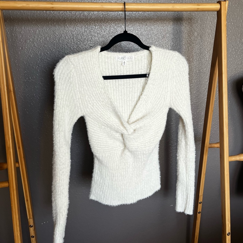 Planet Gold Cream Twist-Front V-Neck Fuzzy Knit Sweater